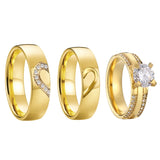 Golden Heart Alliance Wedding Engagement Rings Set 3pcs