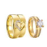 Golden Heart Alliance Wedding Engagement Rings Set 3pcs