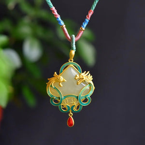 Dragon & Phoenix Hetian Jade Necklace Sterling Silver Ethnic Vintage