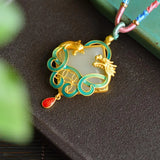 Dragon & Phoenix Hetian Jade Necklace Sterling Silver Ethnic Vintage