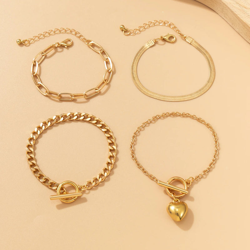 Bohemia Metal Snake Chain Bracelets with Heart Charm Bangles Set