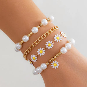 Boho Pearl Charm Bracelet Set with Flower Charm