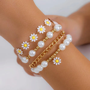 Boho Pearl Charm Bracelet Set with Flower Charm