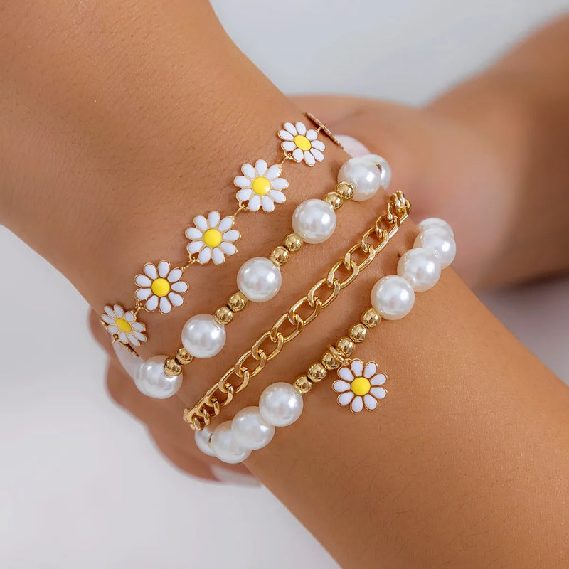 Boho Pearl Charm Bracelet Set with Flower Charm