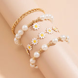 Boho Pearl Charm Bracelet Set with Flower Charm