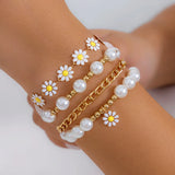Boho Pearl Charm Bracelet Set with Flower Charm