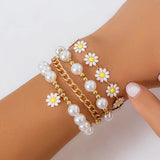 Boho Pearl Charm Bracelet Set with Flower Charm