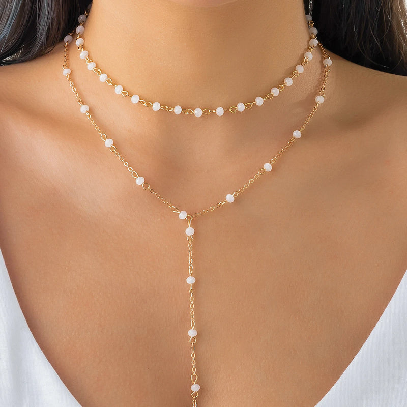 Crystal Beads Necklace Choker Double Layers Tassel Chest Chain Women's Jewelry