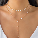 Crystal Beads Necklace Choker Double Layers Tassel Chest Chain Women's Jewelry