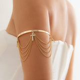 Rhinestone Cross Pendant Arm Bracelet Tassel Cuff - Wedding Jewelry