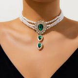 Rhinestone Drop Shape Choker Necklace Green Jewelry