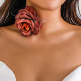 Rose Flower Charm Necklace with Wide Rope Choker for Women
