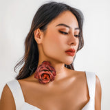 Rose Flower Charm Necklace with Wide Rope Choker for Women