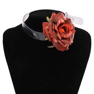 Rose Flower Charm Necklace with Wide Rope Choker for Women