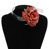 Rose Flower Charm Necklace with Wide Rope Choker for Women