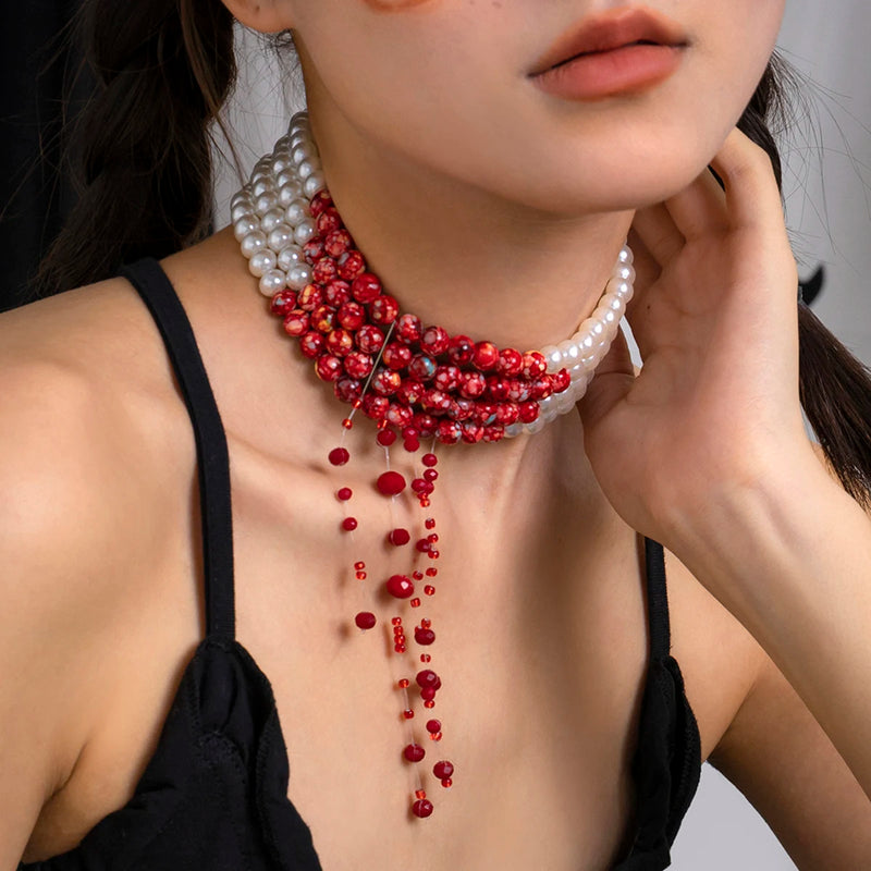 Gothic Bloody Pearl Necklace Choker Hip Hop Halloween Jewelry