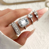 4Pcs Square Rhinestone Rings Set Wedding Party Jewelry Gift