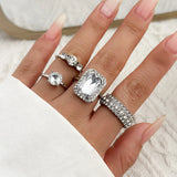 4Pcs Square Rhinestone Rings Set Wedding Party Jewelry Gift