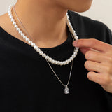 Punk Pearl Beaded Choker Rhinestone Pendant Metal Snake Chain Necklace