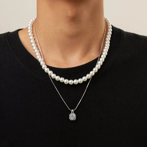 Punk Pearl Beaded Choker Rhinestone Pendant Metal Snake Chain Necklace
