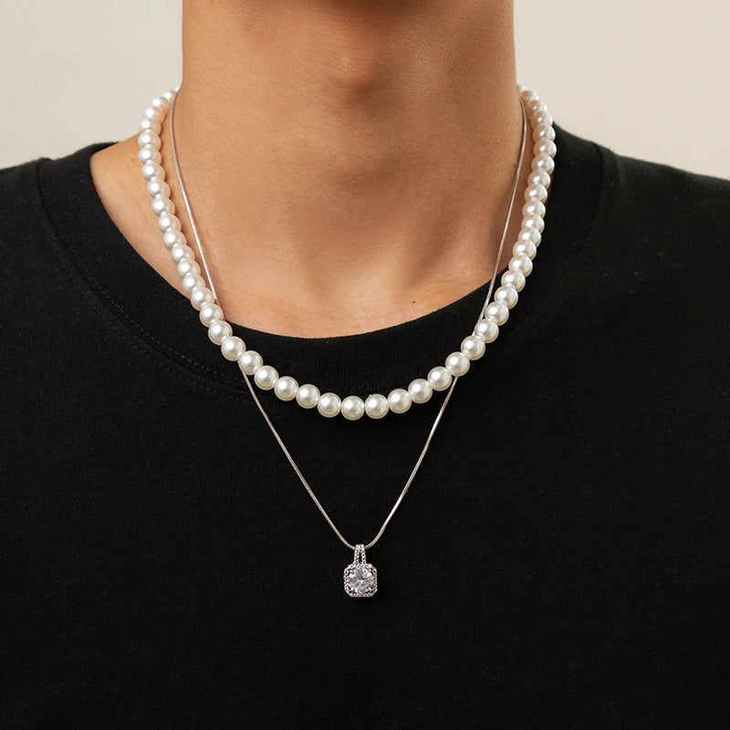 Punk Pearl Beaded Choker Rhinestone Pendant Metal Snake Chain Necklace