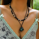 Punk Mix Wood Beads Strand Necklace Unisex Natural Stone Pendant Choker