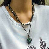 Punk Mix Wood Beads Strand Necklace Unisex Natural Stone Pendant Choker