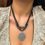 Silver Round Disc Pendant Necklace with Wood Beads Charm Choker