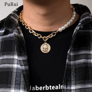 Punk Thick Chains Pearl Choker Necklace Men Coin/Cross/Heart Pendants
