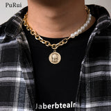 Punk Thick Chains Pearl Choker Necklace Men Coin/Cross/Heart Pendants
