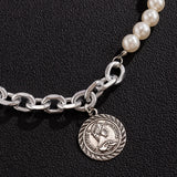 Punk Thick Chains Pearl Choker Necklace Men Coin/Cross/Heart Pendants