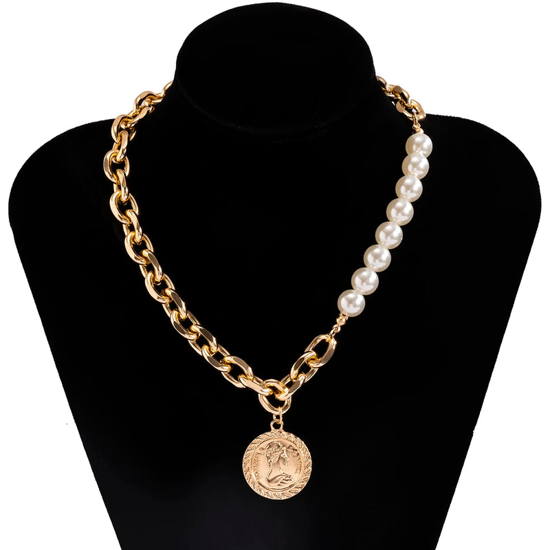 Punk Thick Chains Pearl Choker Necklace Men Coin/Cross/Heart Pendants