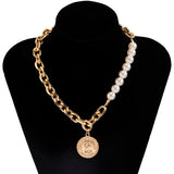 Punk Thick Chains Pearl Choker Necklace Men Coin/Cross/Heart Pendants