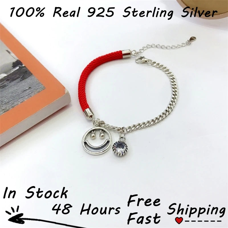 925 Sterling Silver Cuban Chain Bracelet with Smile Face Pendant