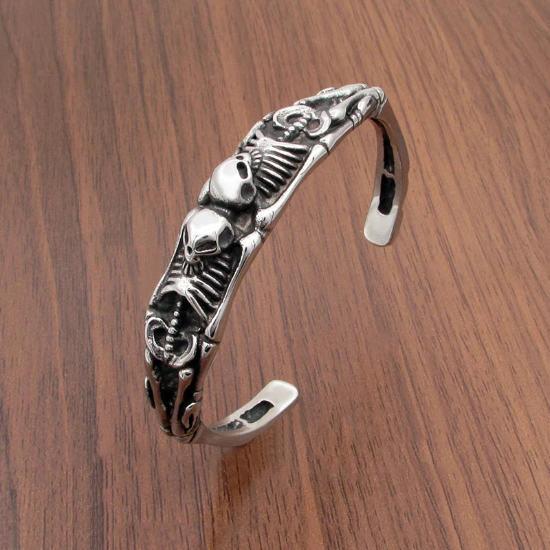 Punk Double Skull Bangle Motor Biker Skeleton Cuff Bracelet