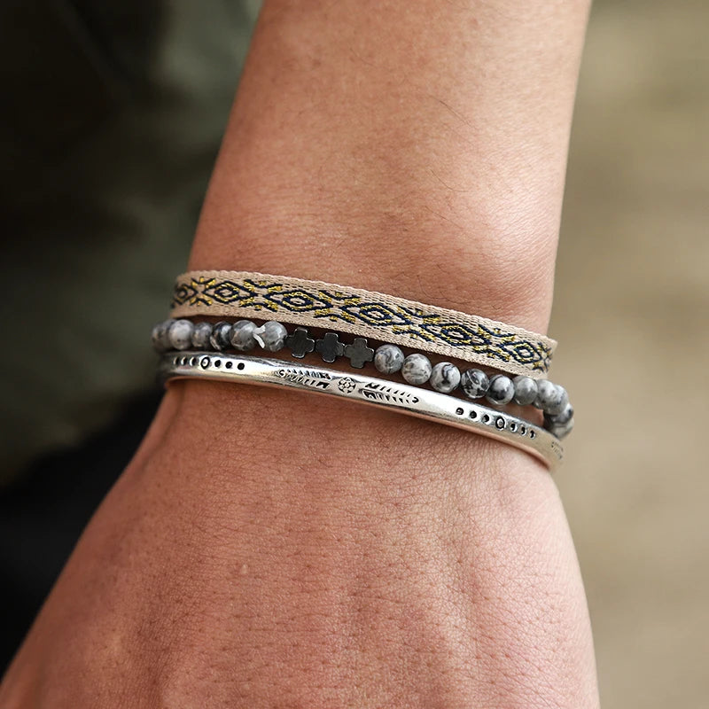 Punk 925 Silver Open Bangle Cross Map Stone Bracelet Men