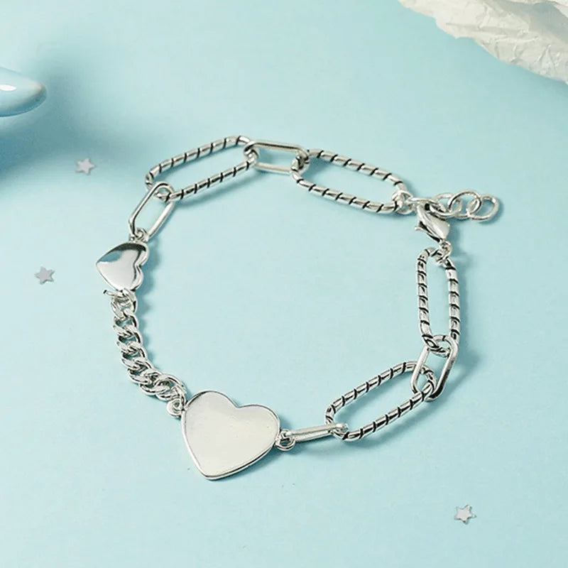 925 Silver Big Heart Charm Bracelet Women's Bangle Wedding Jewelry