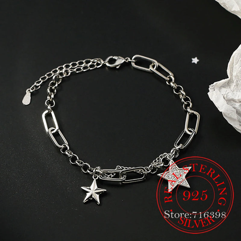 925 Silver Crystal Star Charm Bracelet Women's Wedding Jewelry