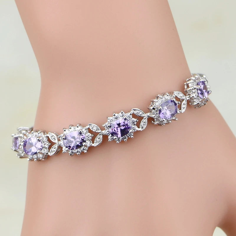 Punk 925 Sterling Silver Purple Zircon Crystal Charm Bracelet