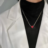 Punk 925 Silver Necklace Red Zircon Heart Pendant Choker for Women
