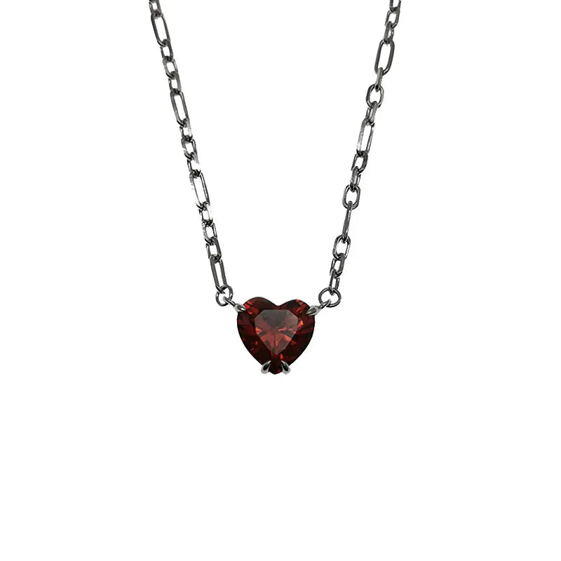 Punk 925 Silver Necklace Red Zircon Heart Pendant Choker for Women