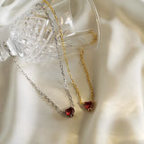 Punk 925 Silver Necklace Red Zircon Heart Pendant Choker for Women