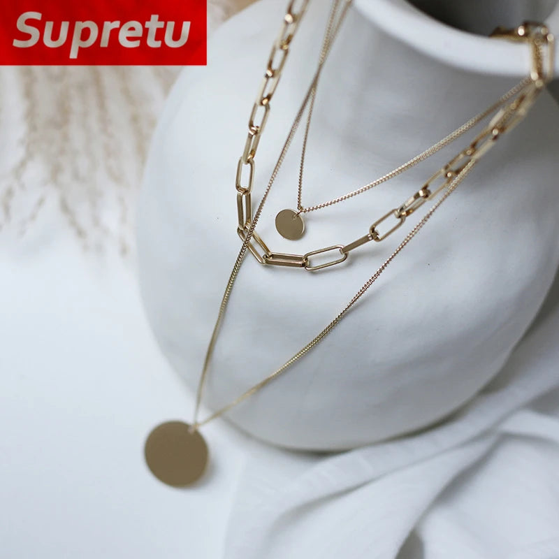 Punk Big Link Chain Layer Necklaces Women Titanium Steel Plating 14K