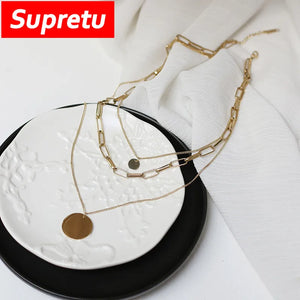 Punk Big Link Chain Layer Necklaces Women Titanium Steel Plating 14K
