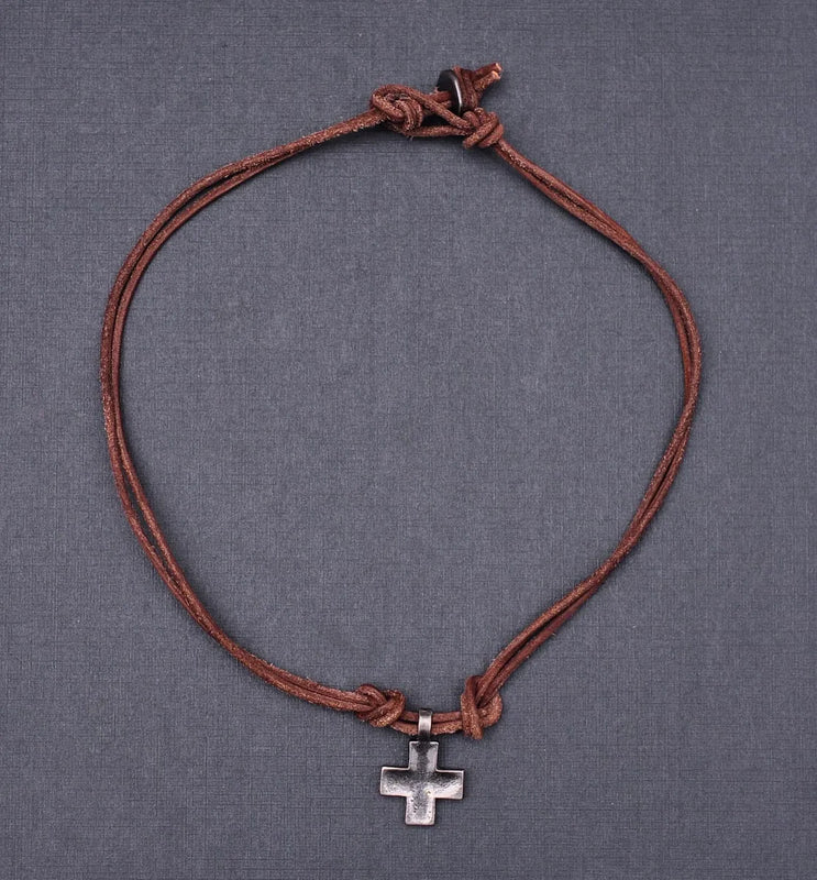Brown Surfer Cross Pendant Leather Lace Necklace Choker