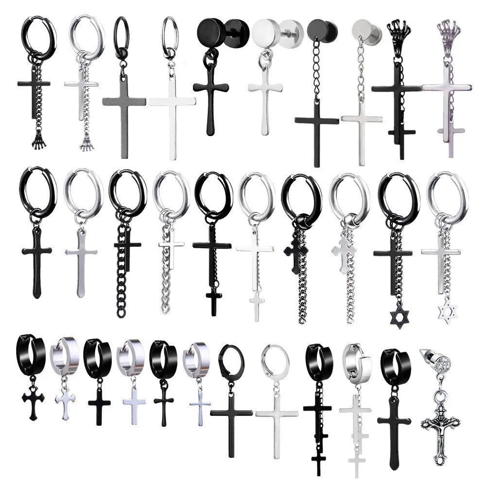 Punk Cross Hoop Earrings Stainless Steel Hip Hop Jewelry