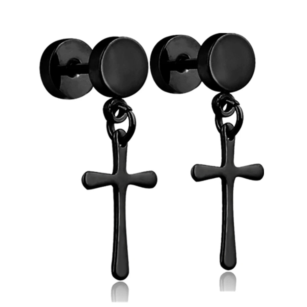 Punk Cross Hoop Earrings Stainless Steel Hip Hop Jewelry
