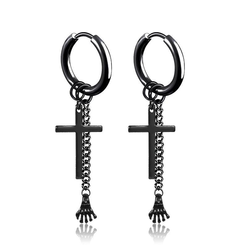 Punk Cross Hoop Earrings Stainless Steel Hip Hop Jewelry