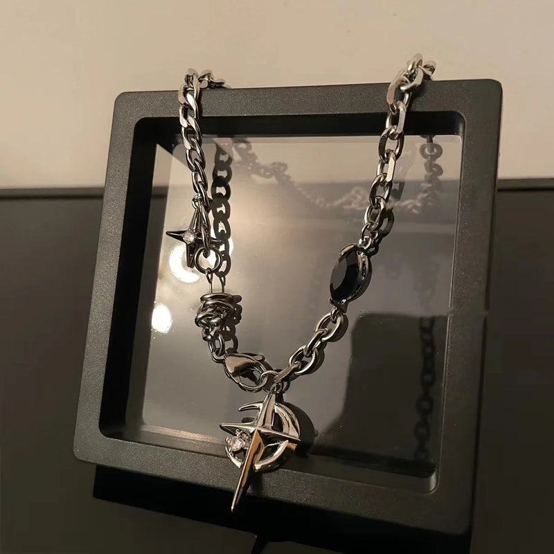 Punk Gem Star Moon Necklace Couple High Sense Hip Hop Street Party Jewelry