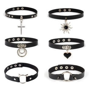 Punk Leather Torques Choker Necklace Heart Cross Pendant Neckband